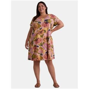 Terra & Sky Pink Floral Midi Dress with Green and Navy Accents